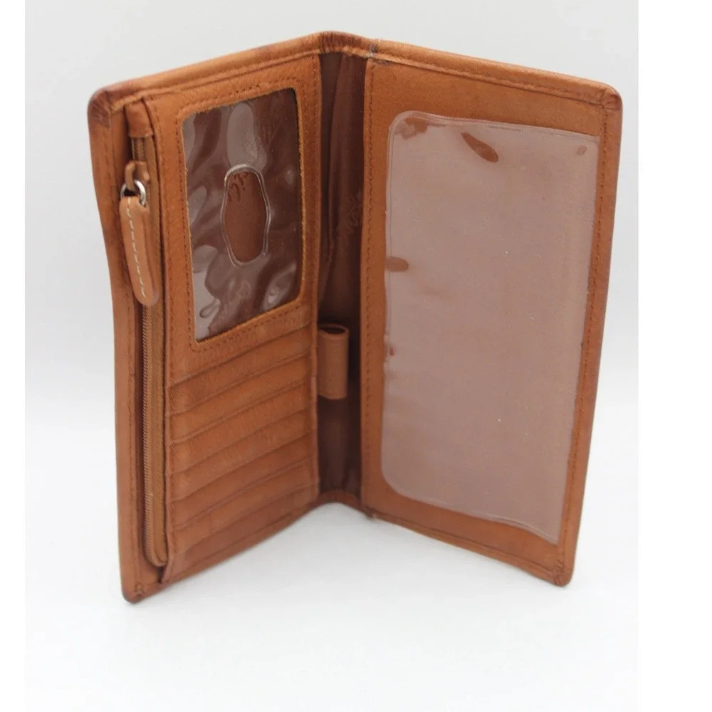 Fossil Mens Brown Leather Bifold Checkbook Cover Wallet with Zipper Pocket Tan